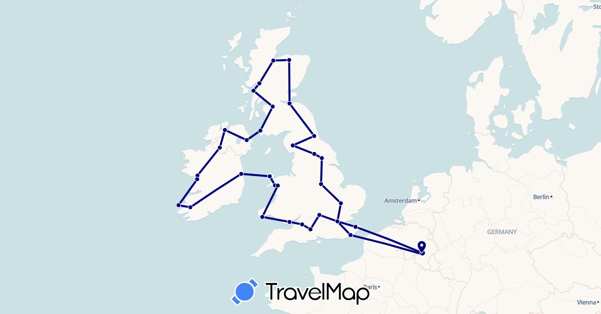 TravelMap itinerary: driving in Belgium, United Kingdom, Ireland (Europe)